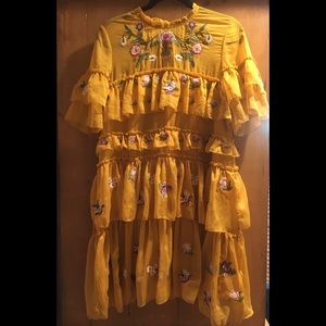 Alpha & Omega Mustard Embroidered Ruffle Dress